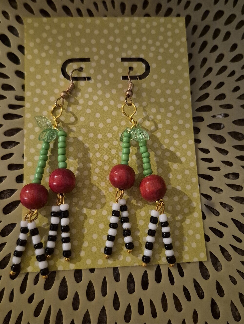 Handmade Cherry Bead Earrings - Green & Red